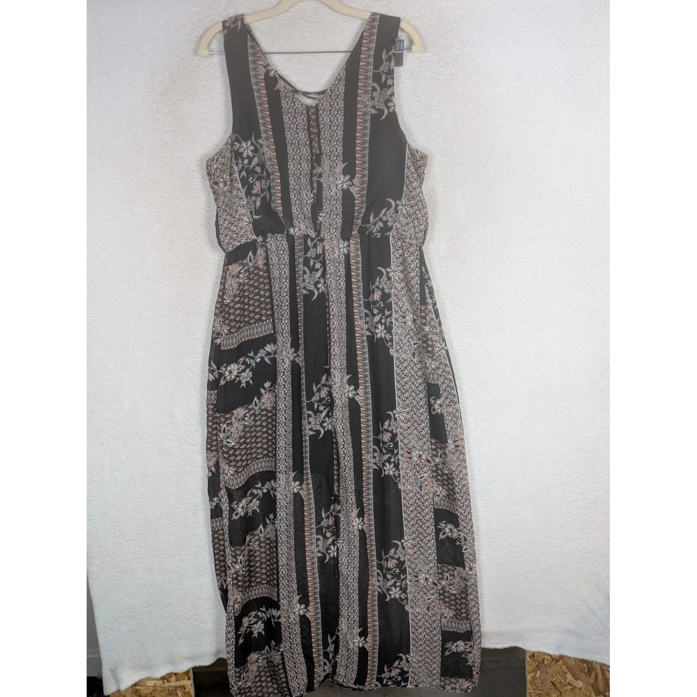 Maurices Maxi Dress Women's L Black Floral Mixed Print Lattice Back Sleeveless